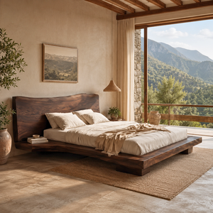 Solid Wood Platform Bed with Gently Curved Headboard for Bedroom