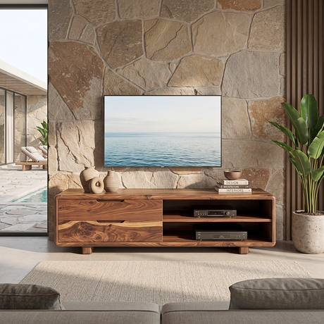 Solid Wood TV Cabinet with Drawers and Open Shelving for Living Room