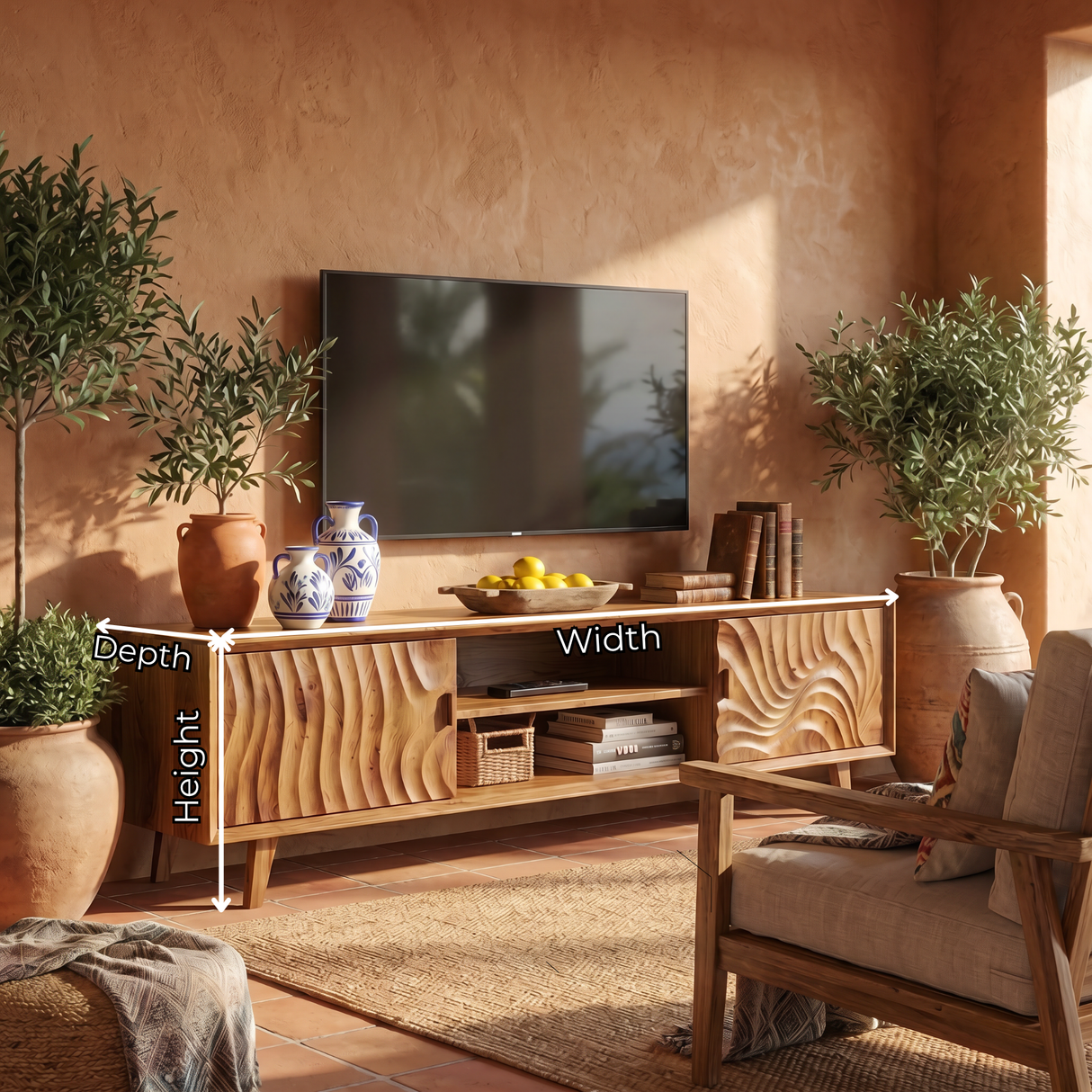 Solid Wood Media Console with Carved Door Fronts and Open Storage for Living Room