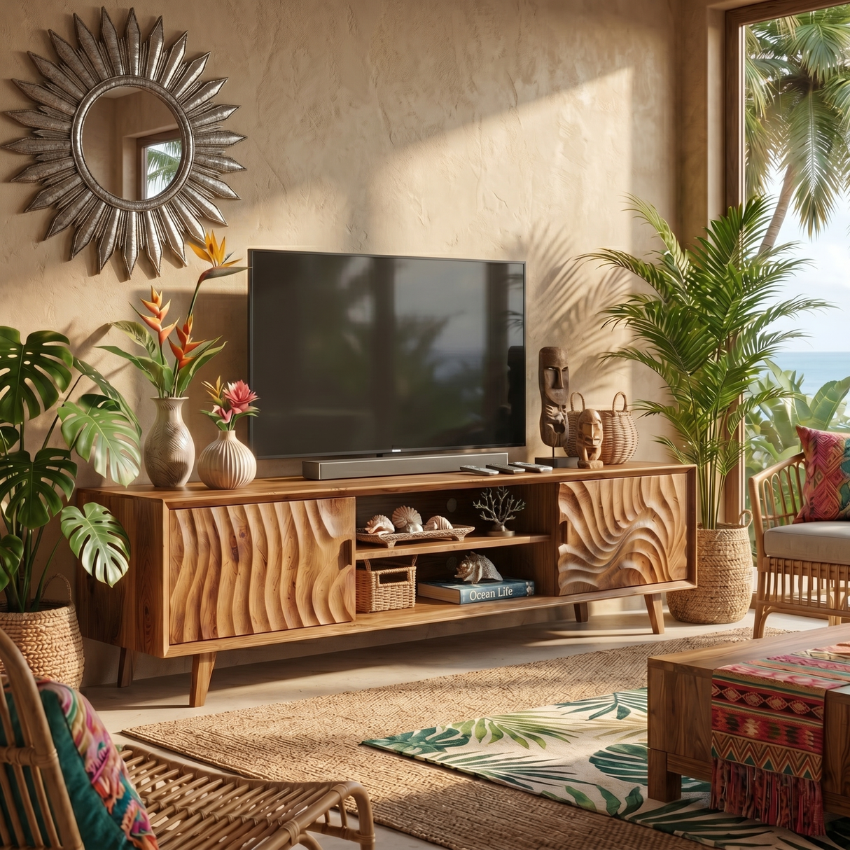 Solid Wood Media Console with Carved Door Fronts and Open Storage for Living Room