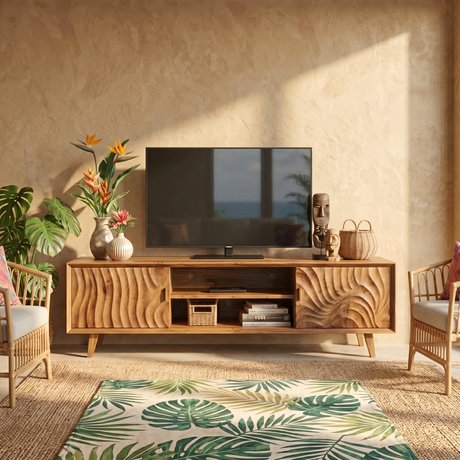 Solid Wood Media Console with Carved Door Fronts and Open Storage for Living Room