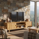 Solid Wood Media Console with Carved Door Fronts and Open Storage for Living Room