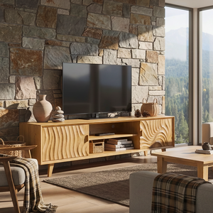 Solid Wood Media Console with Carved Door Fronts and Open Storage for Living Room