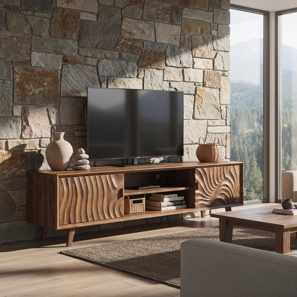 Solid Wood Media Console with Carved Door Fronts and Open Storage for Living Room