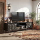 Solid Wood Media Console with Carved Door Fronts and Open Storage for Living Room