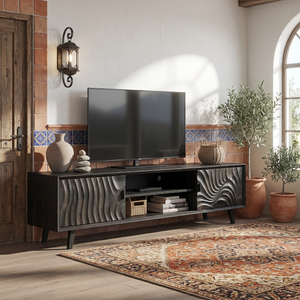 Solid Wood Media Console with Carved Door Fronts and Open Storage for Living Room
