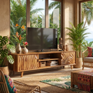 Solid Wood Media Console with Carved Door Fronts and Open Storage for Living Room