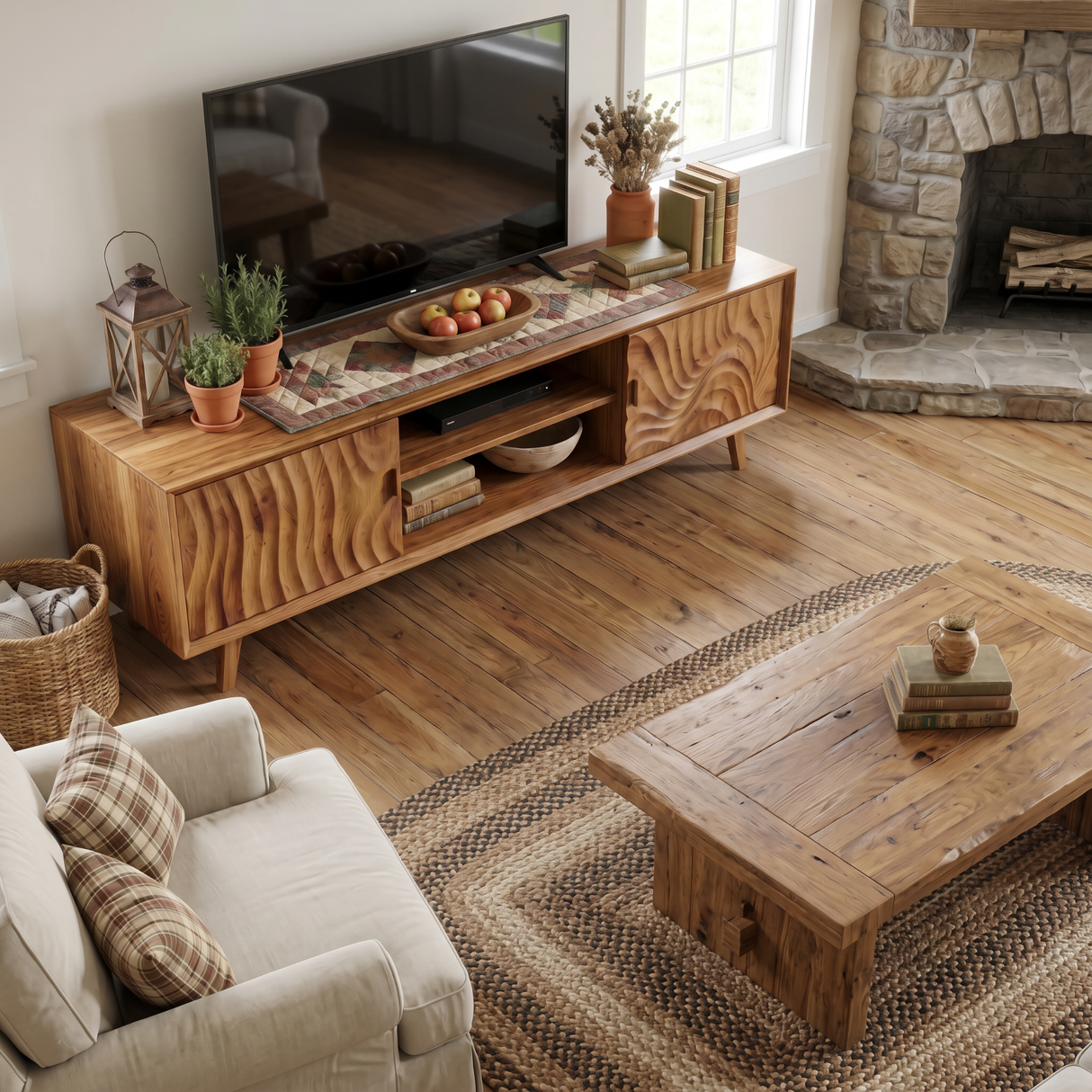 Solid Wood Media Console with Carved Door Fronts and Open Storage for Living Room