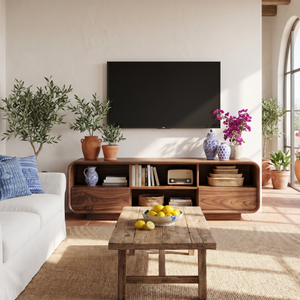 Solid Wood TV Stand with Rounded Frame and Open Media Storage