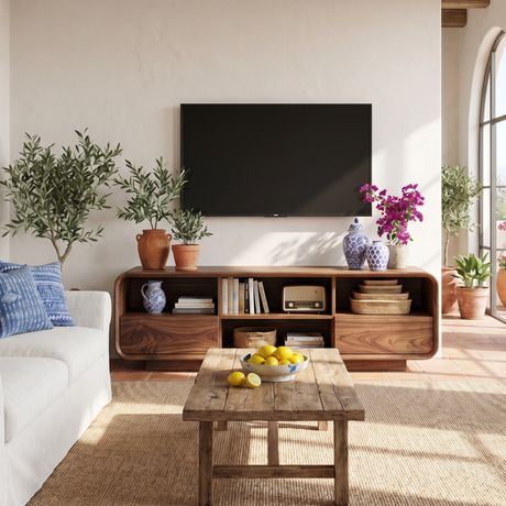 Solid Wood TV Stand with Rounded Frame and Open Media Storage
