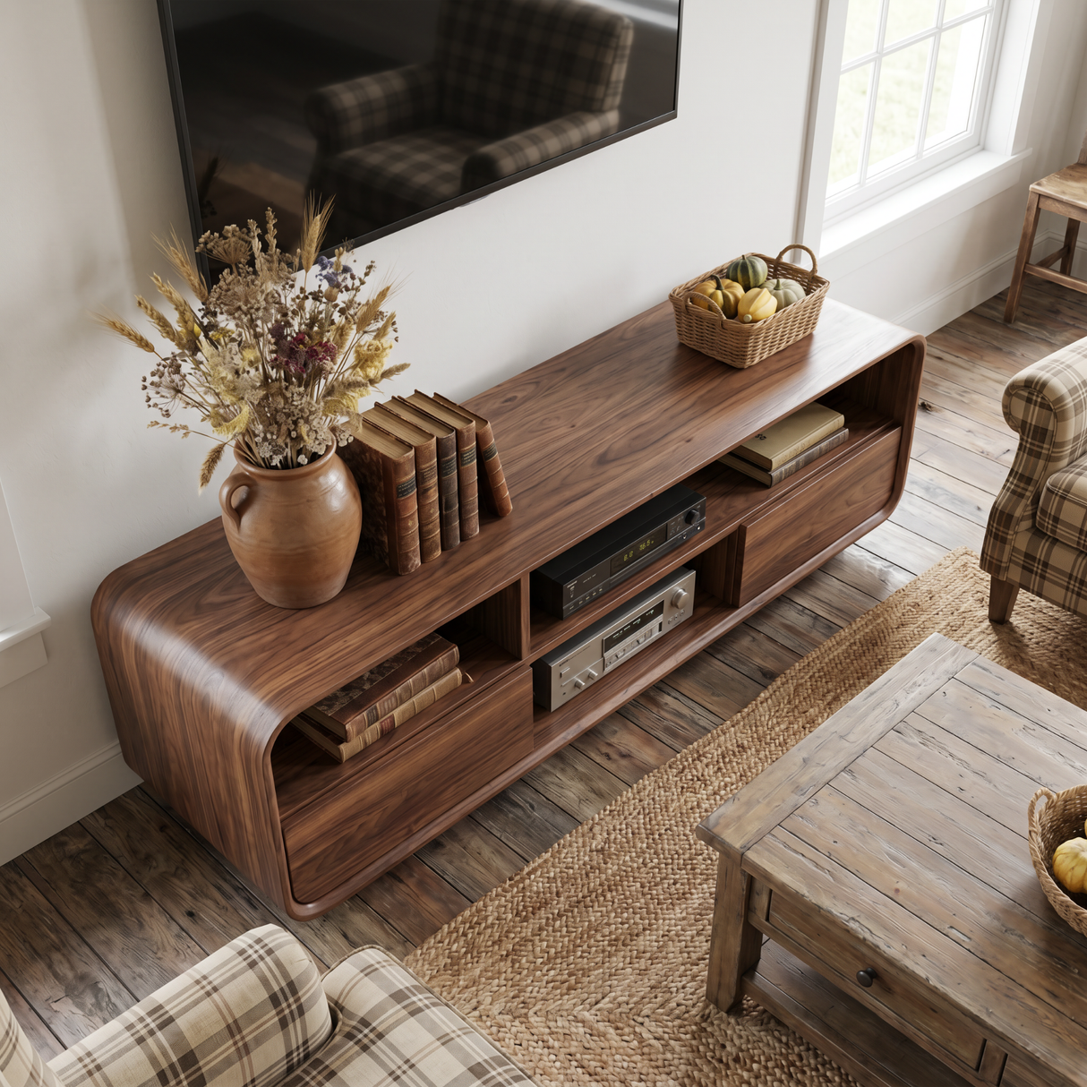 Solid Wood TV Stand with Rounded Frame and Open Media Storage