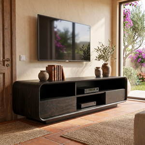 Solid Wood TV Stand with Rounded Frame and Open Media Storage