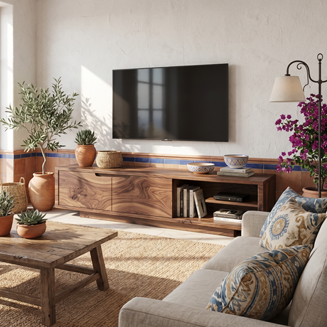 Solid Wood TV Cabinet with Drawer Storage and Open Shelf for Living Room