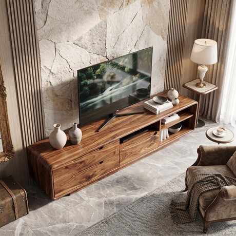 Solid Wood TV Cabinet with Rounded Frame and Mixed Storage for Living Room