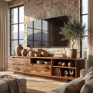 TV Cabinet Solid Wood with Rounded Frame and Mixed Storage for Living Room