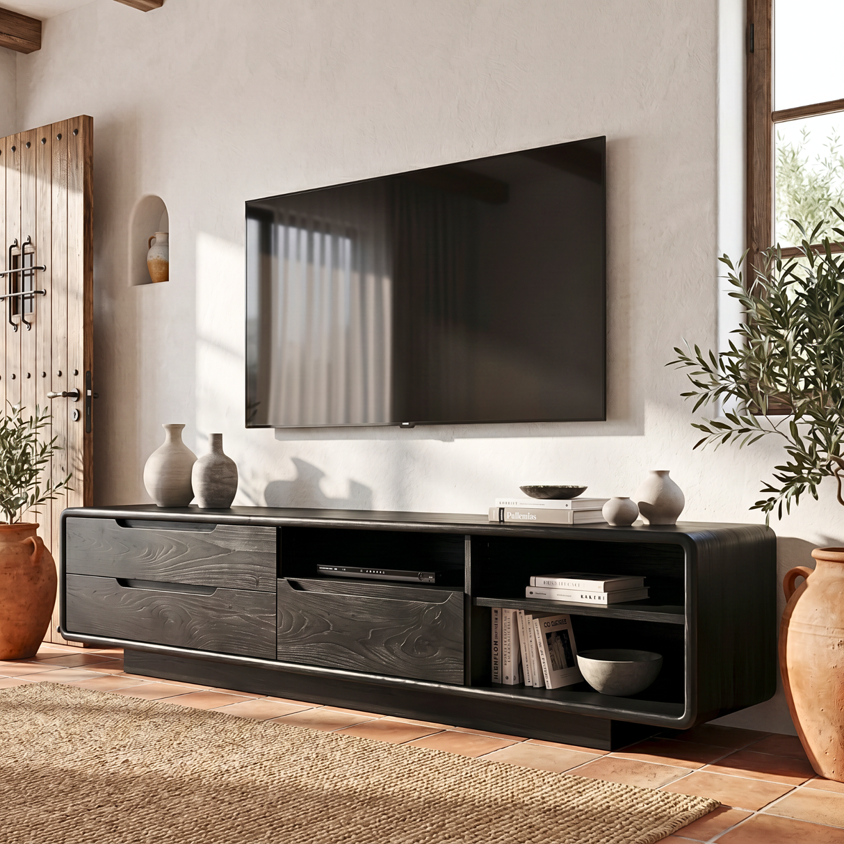 TV Cabinet Solid Wood with Rounded Frame and Mixed Storage for Living Room