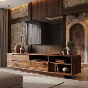 TV Cabinet Solid Wood with Rounded Frame and Mixed Storage for Living Room