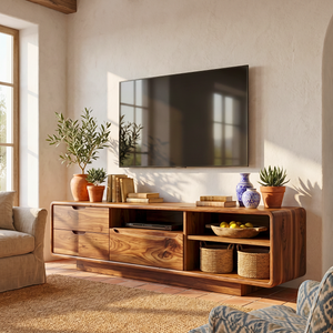 TV Cabinet Solid Wood with Rounded Frame and Mixed Storage for Living Room