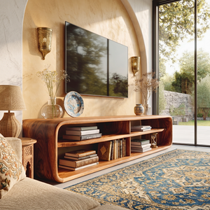 Sculptural Solid Wood TV Console with Open Shelling for Living Room