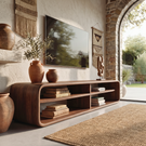 Sculptural Solid Wood TV Console with Open Shelling for Living Room