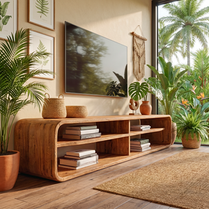 Sculptural Solid Wood TV Console with Open Shelling for Living Room