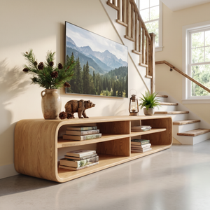 Sculptural Solid Wood TV Console with Open Shelling for Living Room