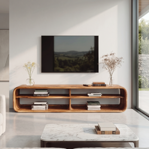 Sculptural Solid Wood TV Console with Open Shelling for Living Room