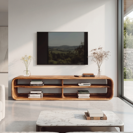 Sculptural Solid Wood TV Console with Open Shelling for Living Room