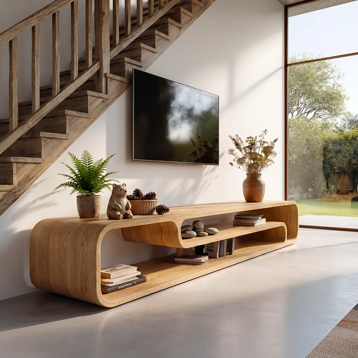 Organic Solid Wood TV Console with Rounded Open Shelves for Living Room