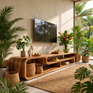 Organic Solid Wood TV Console with Rounded Open Shelves for Living Room