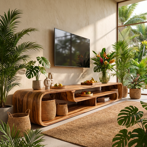 Organic Solid Wood TV Console with Rounded Open Shelves for Living Room