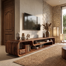 Organic Solid Wood TV Console with Rounded Open Shelves for Living Room