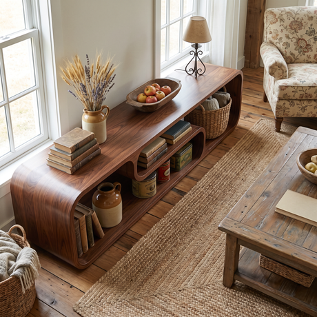 Organic Solid Wood TV Console with Rounded Open Shelves for Living Room