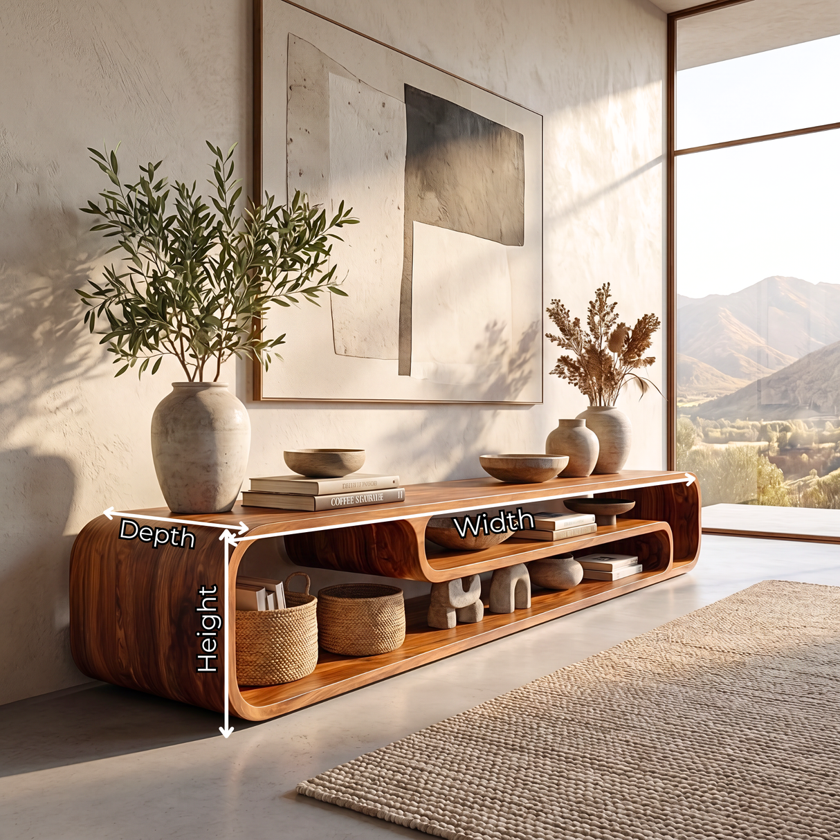 Organic Solid Wood TV Console with Rounded Open Shelves for Living Room