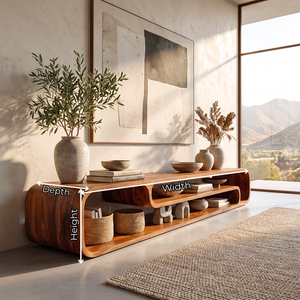 Organic Solid Wood TV Console with Rounded Open Shelves for Living Room