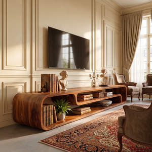 Organic Solid Wood TV Console with Rounded Open Shelves for Living Room