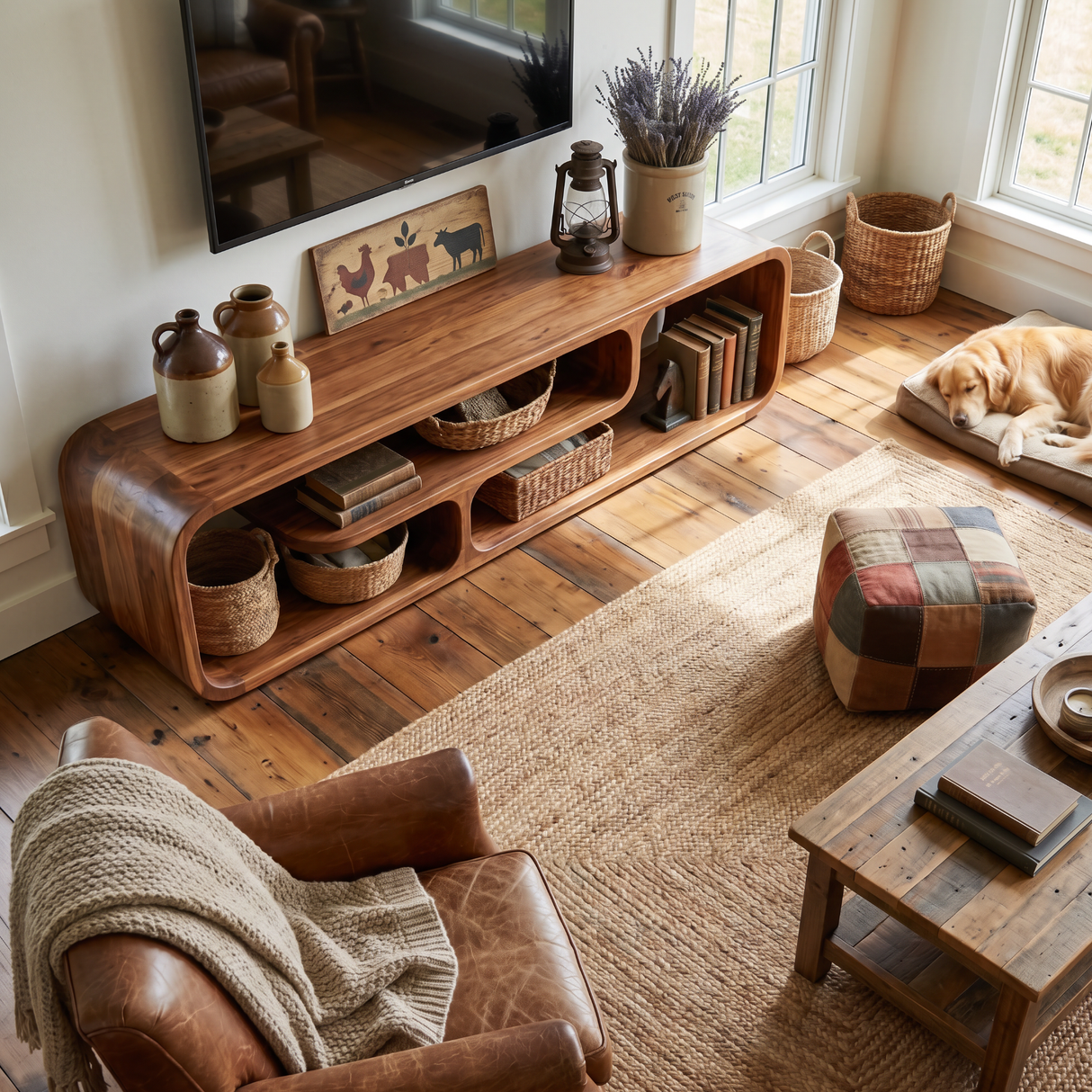 Sculptural Solid Wood TV Stand with Flowing Open Storage for Living Room