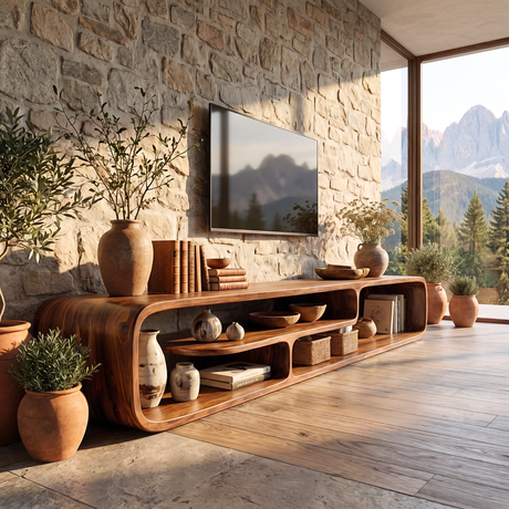 Sculptural Solid Wood TV Stand with Flowing Open Storage for Living Room