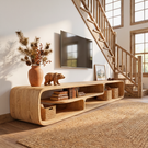 Sculptural Solid Wood TV Stand with Flowing Open Storage for Living Room