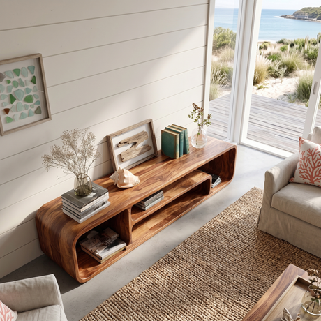 Organic Solid Wood TV Stand with Rounded Open Shelf Design