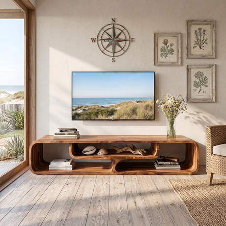 Sculptural Solid Wood TV Console with Curved Open Compartments