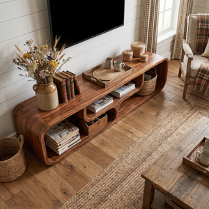 Sculptural Solid Wood TV Console with Curved Open Compartments