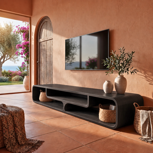 Sculptural Solid Wood TV Console with Curved Open Compartments