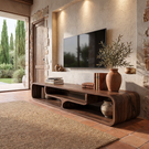 Sculptural Solid Wood TV Console with Curved Open Compartments