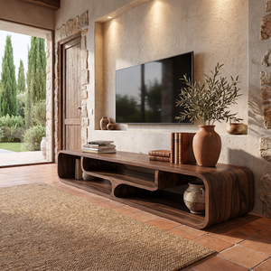 Sculptural Solid Wood TV Console with Curved Open Compartments