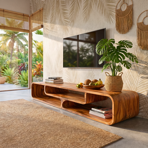 Sculptural Solid Wood TV Console with Curved Open Compartments
