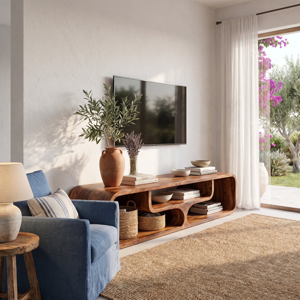 Sculptural Solid Wood TV Console with Curved Open Compartments