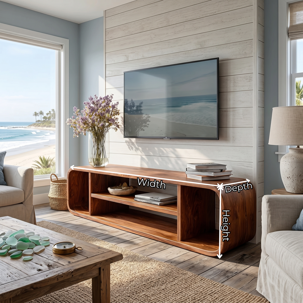 Solid Wood TV Cabinet with Rounded Open Shelf Design for Living Room