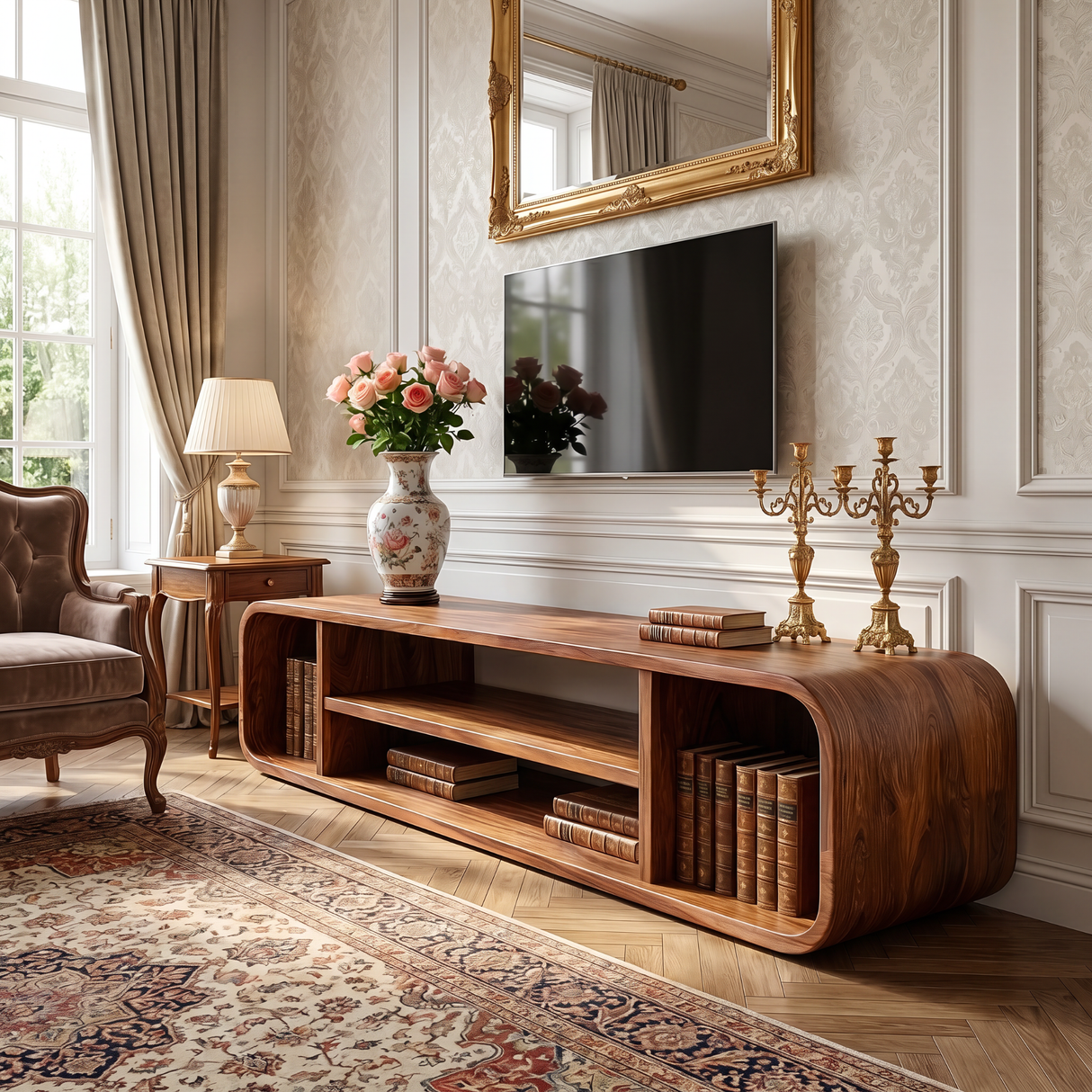 Solid Wood TV Cabinet with Rounded Open Shelf Design for Living Room