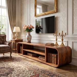 Solid Wood TV Cabinet with Rounded Open Shelf Design for Living Room